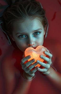 A girl lying in vibrant red water, her expression serene