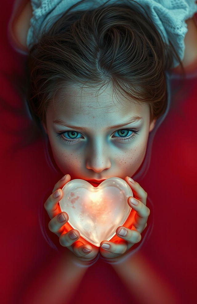 A girl lying in vibrant red water, her expression serene