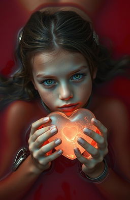 A girl lying in vibrant red water, her expression serene