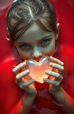 A girl lying in vibrant red water, her expression serene