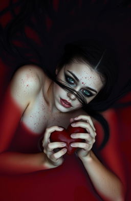 A girl lying in an eerie red water pool, her face adorned with numerous moles and striking green eyes