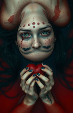 A girl lying in an eerie red water pool, her face adorned with numerous moles and striking green eyes