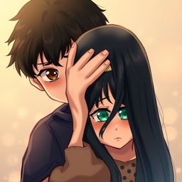 A touching scene depicting a boy with deep brown eyes and dark hair standing gracefully behind a girl with long black hair and vibrant green eyes