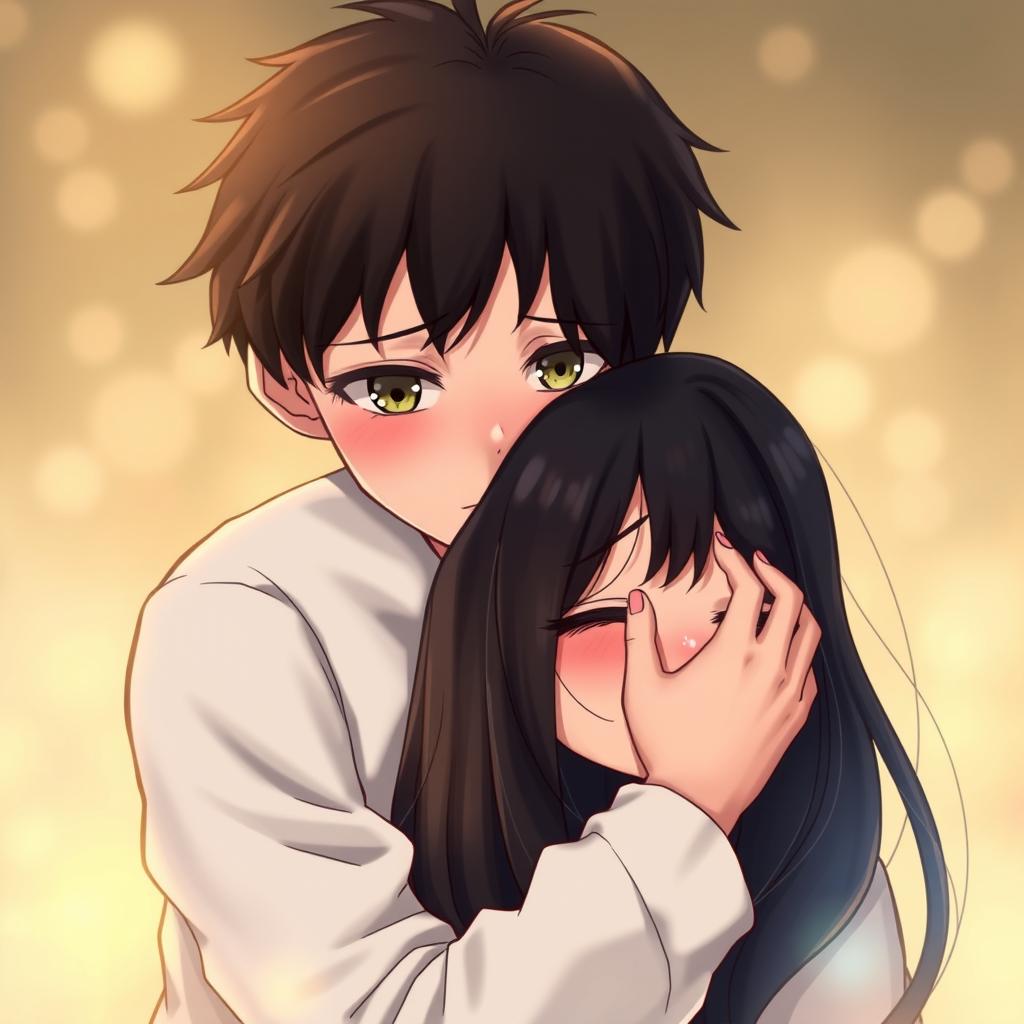 A touching scene depicting a boy with deep brown eyes and dark hair standing gracefully behind a girl with long black hair and vibrant green eyes