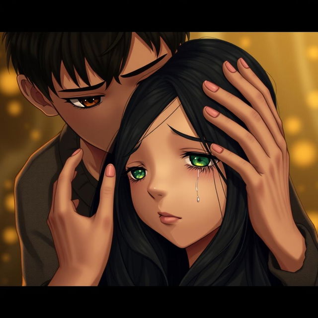 A touching scene depicting a boy with deep brown eyes and dark hair standing gracefully behind a girl with long black hair and vibrant green eyes