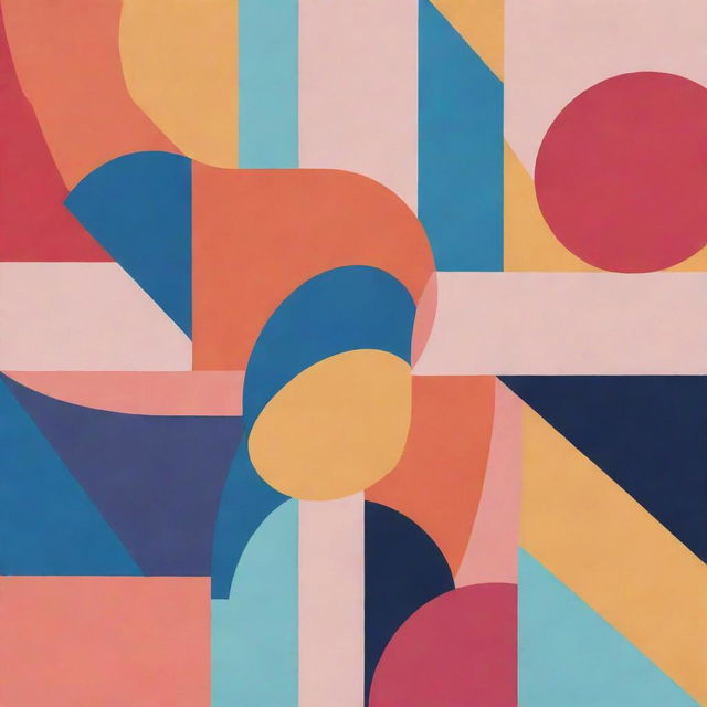 A composition of abstract shapes with a 7:4 aspect ratio, using a vibrant color palette