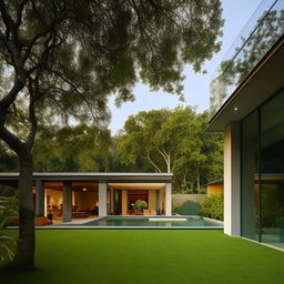 Generate a modern architectural masterpiece of a house with large glass windows, a green landscape garden, and an inviting pool area.