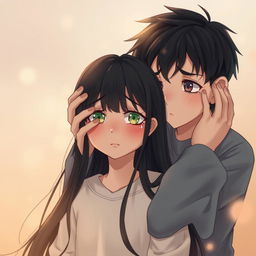 A touching scene depicting a boy with deep brown eyes and dark hair standing gracefully behind a girl with long black hair and vibrant green eyes