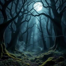 A captivating gothic forest illuminated by the radiant light of a bright, full moon
