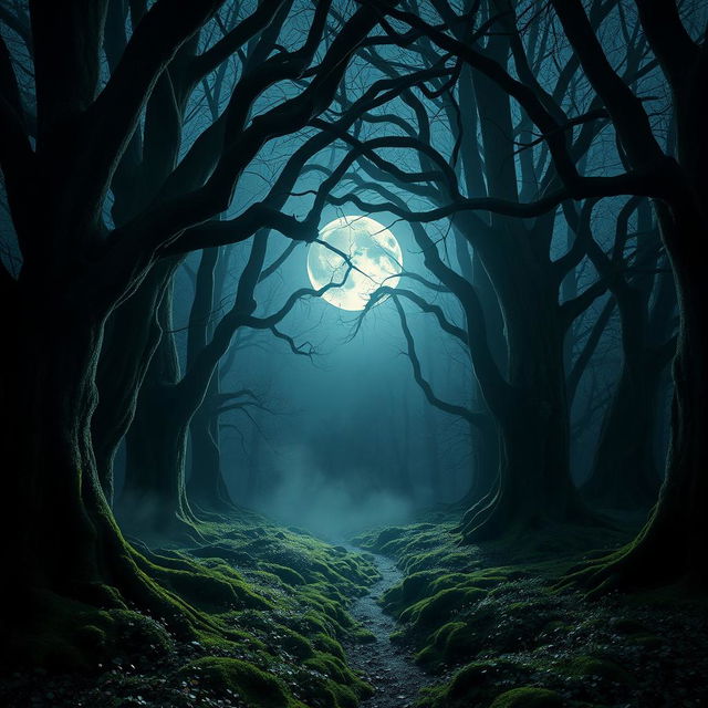 A captivating gothic forest illuminated by the radiant light of a bright, full moon