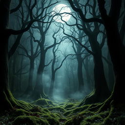 A captivating gothic forest illuminated by the radiant light of a bright, full moon