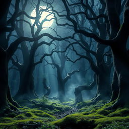 A captivating gothic forest illuminated by the radiant light of a bright, full moon