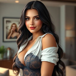 A realistic and alluring female character named Lívia, around 23 years old, radiating charm and confidence