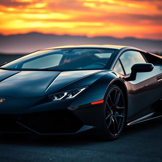 A sleek black Lamborghini with subtle orange accents, showcasing its luxurious design and powerful stance