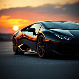 A sleek black Lamborghini with subtle orange accents, showcasing its luxurious design and powerful stance