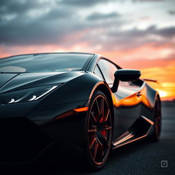 A sleek black Lamborghini with subtle orange accents, showcasing its luxurious design and powerful stance
