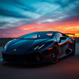 A sleek black Lamborghini with subtle orange accents, showcasing its luxurious design and powerful stance