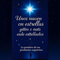 A captivating book cover for 'Unos nacen con estrellas y otros nacen estrellados', featuring a dark blue starry night sky as the background, with a large luminous star shining brightly above the title