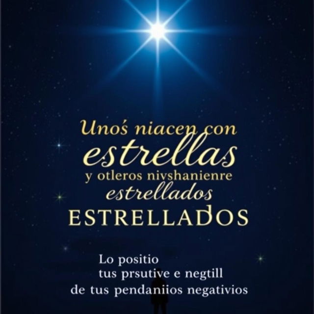 A captivating book cover for 'Unos nacen con estrellas y otros nacen estrellados', featuring a dark blue starry night sky as the background, with a large luminous star shining brightly above the title