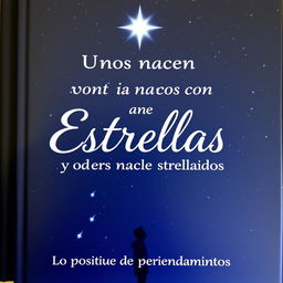 A captivating book cover for 'Unos nacen con estrellas y otros nacen estrellados', featuring a dark blue starry night sky as the background, with a large luminous star shining brightly above the title