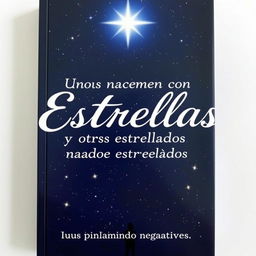 A captivating book cover for 'Unos nacen con estrellas y otros nacen estrellados', featuring a dark blue starry night sky as the background, with a large luminous star shining brightly above the title