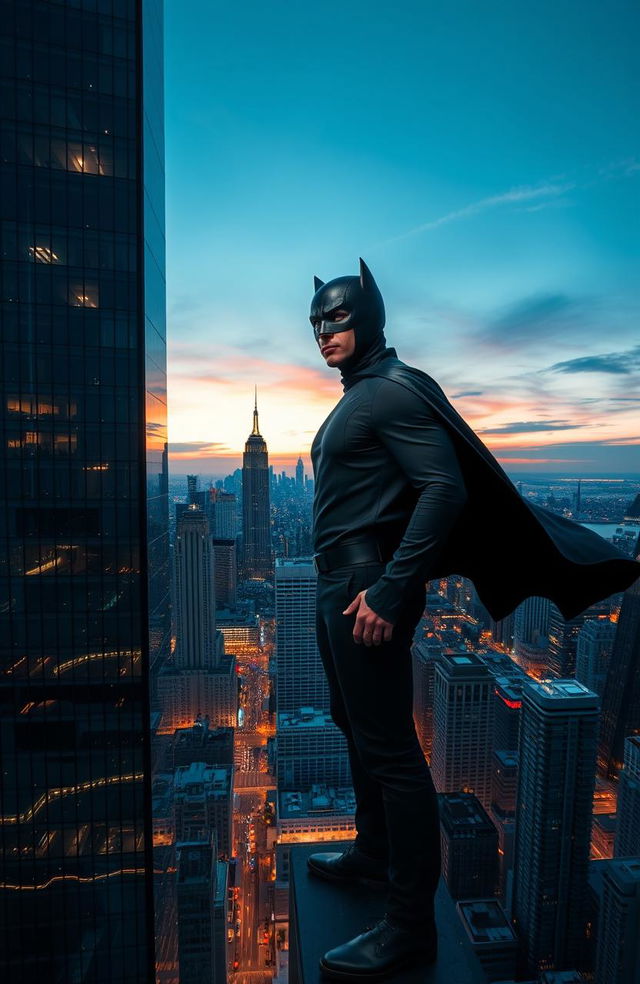 A masked man standing confidently at the edge of a tall skyscraper, overlooking a vibrant and bustling city below