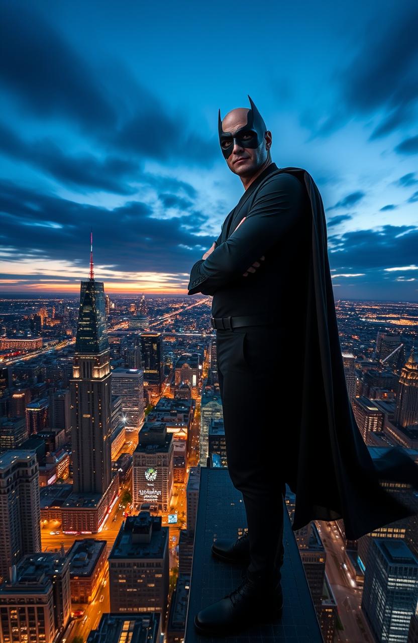 A masked man standing confidently at the edge of a tall skyscraper, overlooking a vibrant and bustling city below