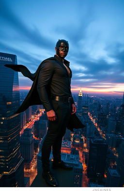 A masked man standing confidently at the edge of a tall skyscraper, overlooking a vibrant and bustling city below