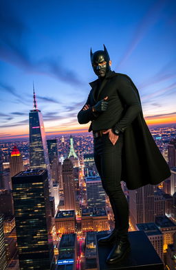 A masked man standing confidently at the edge of a tall skyscraper, overlooking a vibrant and bustling city below
