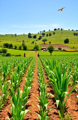 A vibrant agricultural scene showcasing the cultivation of maize in a lush green field