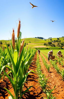 A vibrant agricultural scene showcasing the cultivation of maize in a lush green field