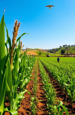 A vibrant agricultural scene showcasing the cultivation of maize in a lush green field