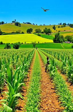 A vibrant agricultural scene showcasing the cultivation of maize in a lush green field