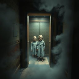 A terrifying old elevator in a dimly lit, decrepit building, surrounded by swirling mist