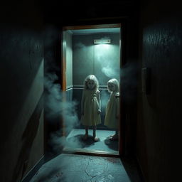 A terrifying old elevator in a dimly lit, decrepit building, surrounded by swirling mist