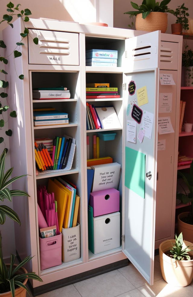 An aesthetically pleasing school locker filled with colorful school supplies, including notebooks, pens, highlighters, and art materials