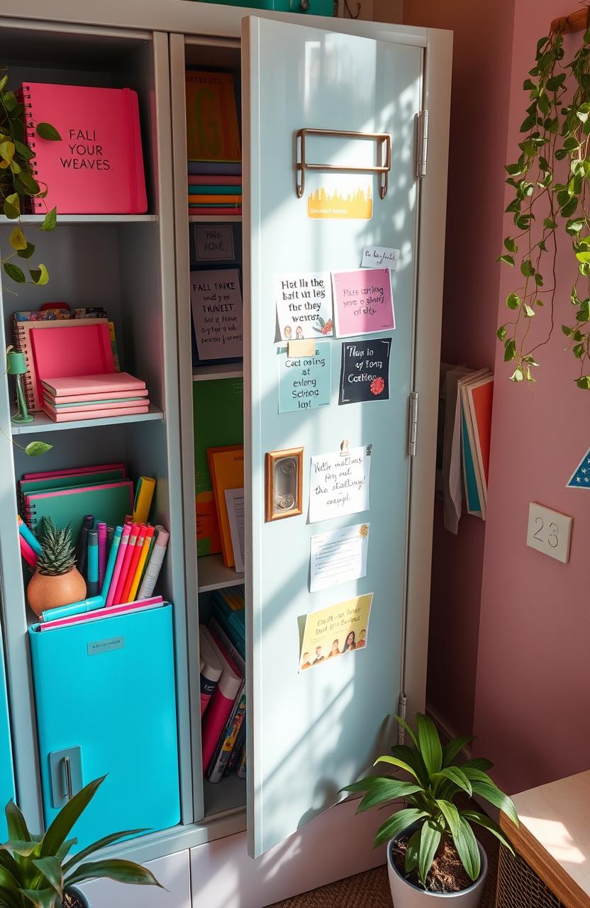 An aesthetically pleasing school locker filled with colorful school supplies, including notebooks, pens, highlighters, and art materials