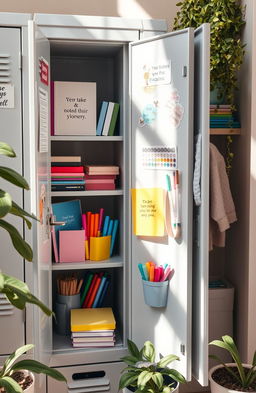 An aesthetically pleasing school locker filled with colorful school supplies, including notebooks, pens, highlighters, and art materials