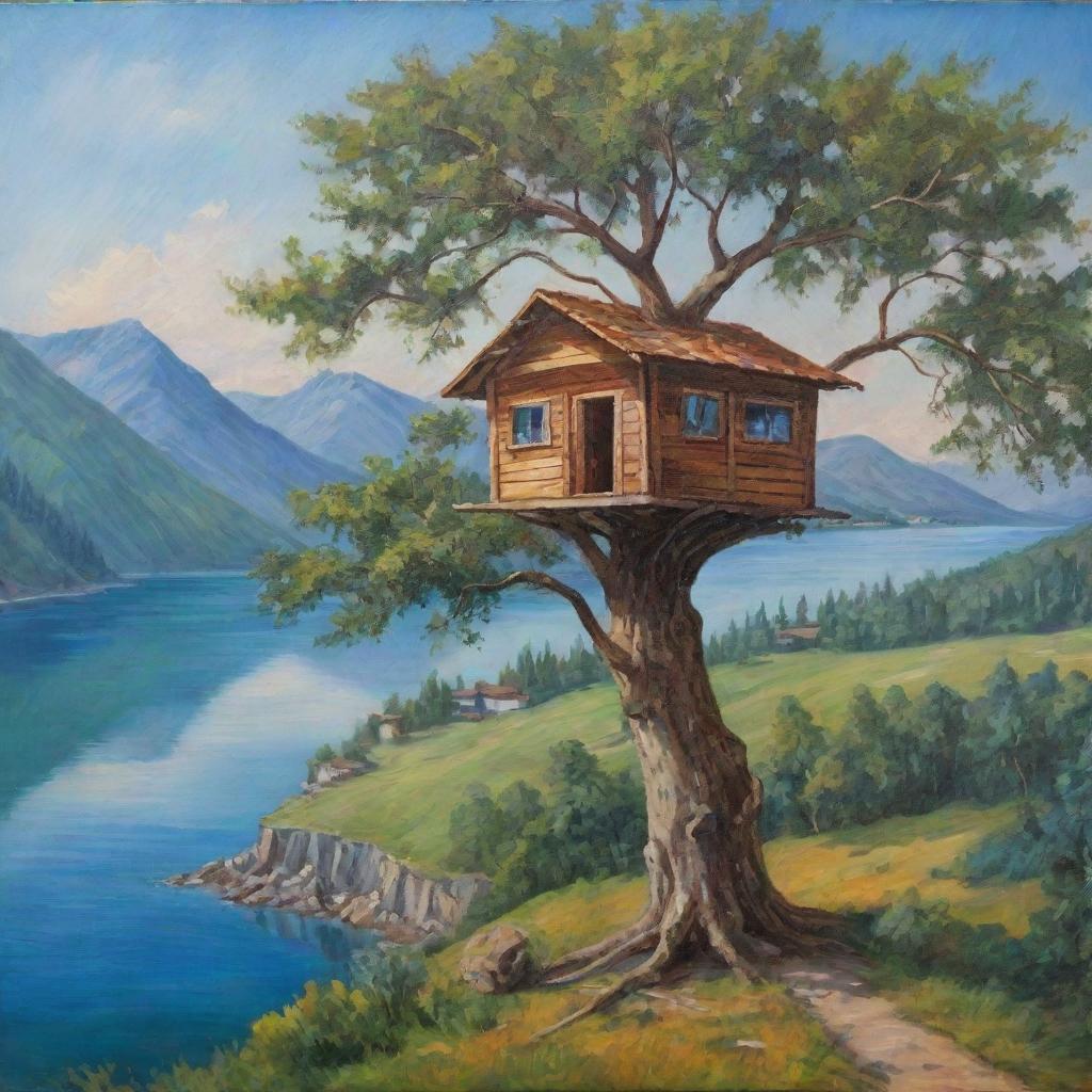 Una pintura al óleo de una casa de madera en un árbol frondoso, con un fondo montañoso y prados verdes con árboles y al fondo un lago y un riachuelo en frente de la casa del árbol