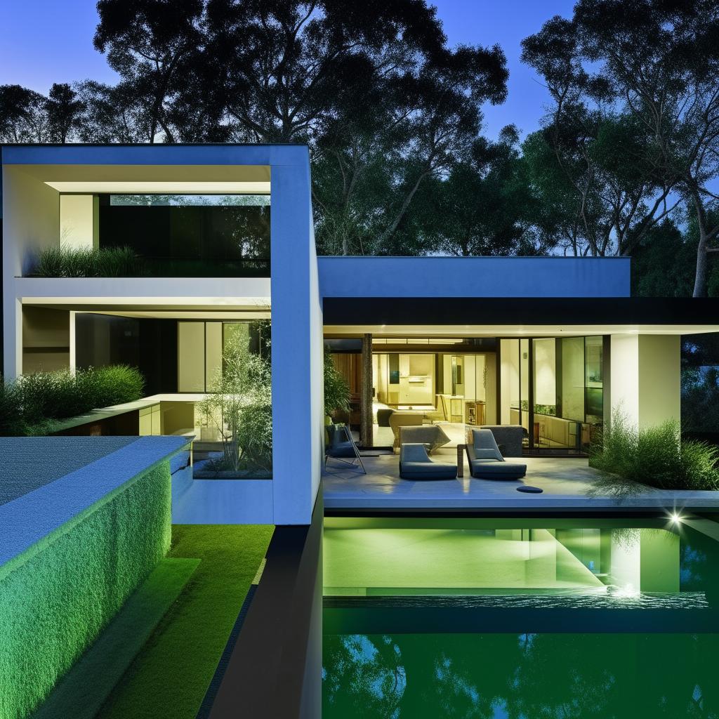 Generate a modern architectural masterpiece of a house with large glass windows, a green landscape garden, and an inviting pool area.