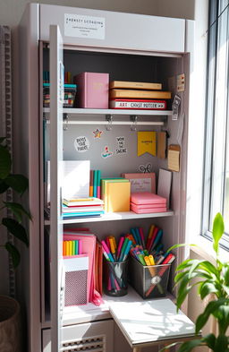 An aesthetically pleasing school locker filled with colorful school supplies, including notebooks, pens, highlighters, and art materials