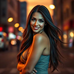 A stunningly attractive woman, exuding confidence with a captivating smile and mesmerizing eyes