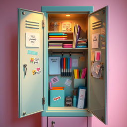 A single aesthetic locker beautifully designed with an array of school supplies