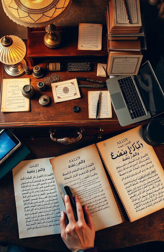 A beautifully composed photograph showcasing a collection of Urdu classical letters written by old writers, elegantly displayed alongside a modern writer's workspace