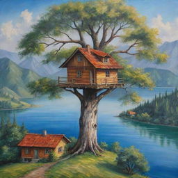 Una pintura al óleo de una casa de madera en un árbol frondoso, con un fondo montañoso y prados verdes con árboles y al fondo un lago y un riachuelo en frente de la casa del árbol