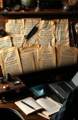 A beautifully composed photograph showcasing a collection of Urdu classical letters written by old writers, elegantly displayed alongside a modern writer's workspace