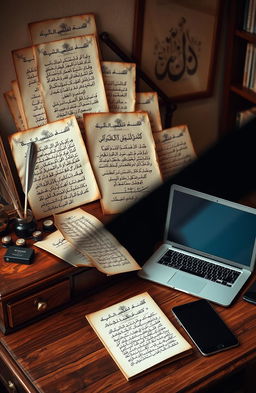 A beautifully composed photograph showcasing a collection of Urdu classical letters written by old writers, elegantly displayed alongside a modern writer's workspace
