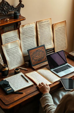 A beautifully composed photograph showcasing a collection of Urdu classical letters written by old writers, elegantly displayed alongside a modern writer's workspace
