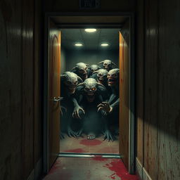 A terrifying old elevator covered in splatters of dark red blood, with eerie shadows lurking in the corners