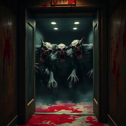 A terrifying old elevator covered in splatters of dark red blood, with eerie shadows lurking in the corners